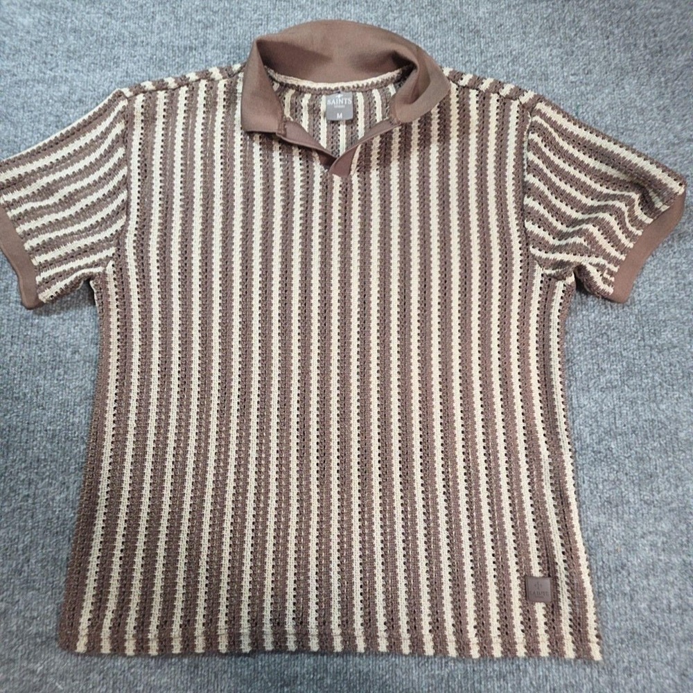 Saints Studio Polo Shirt Mens Medium Brown Stripe Knit Short Sleeve Casual